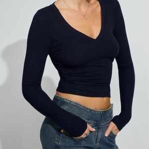 Navy Serene Deep V-Neck Long Sleeve Top